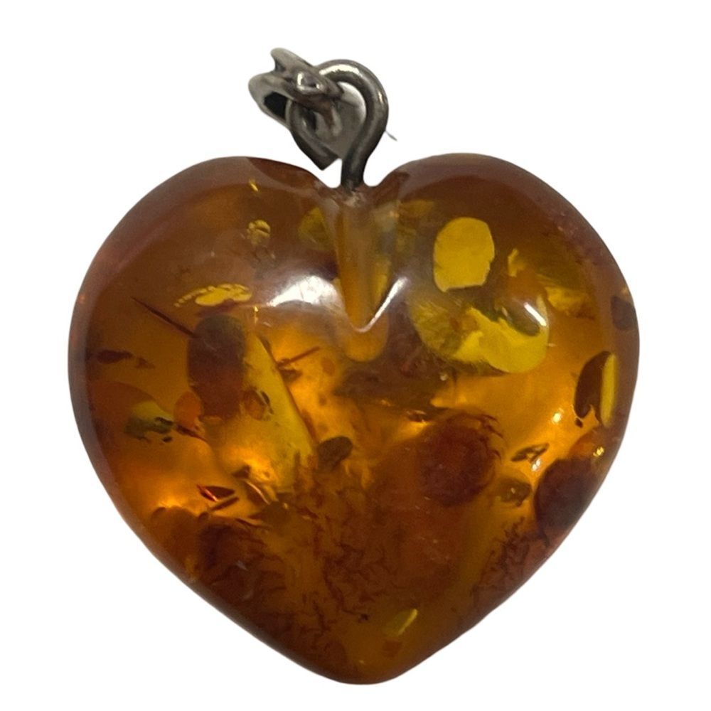 Vintage 925 Sterling Silver Natural Baltic Amber Heart Pendent Women’s Jewelry